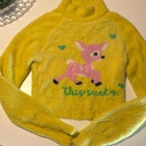 Yellow Fuzzy Sweater with Pink Deer Design